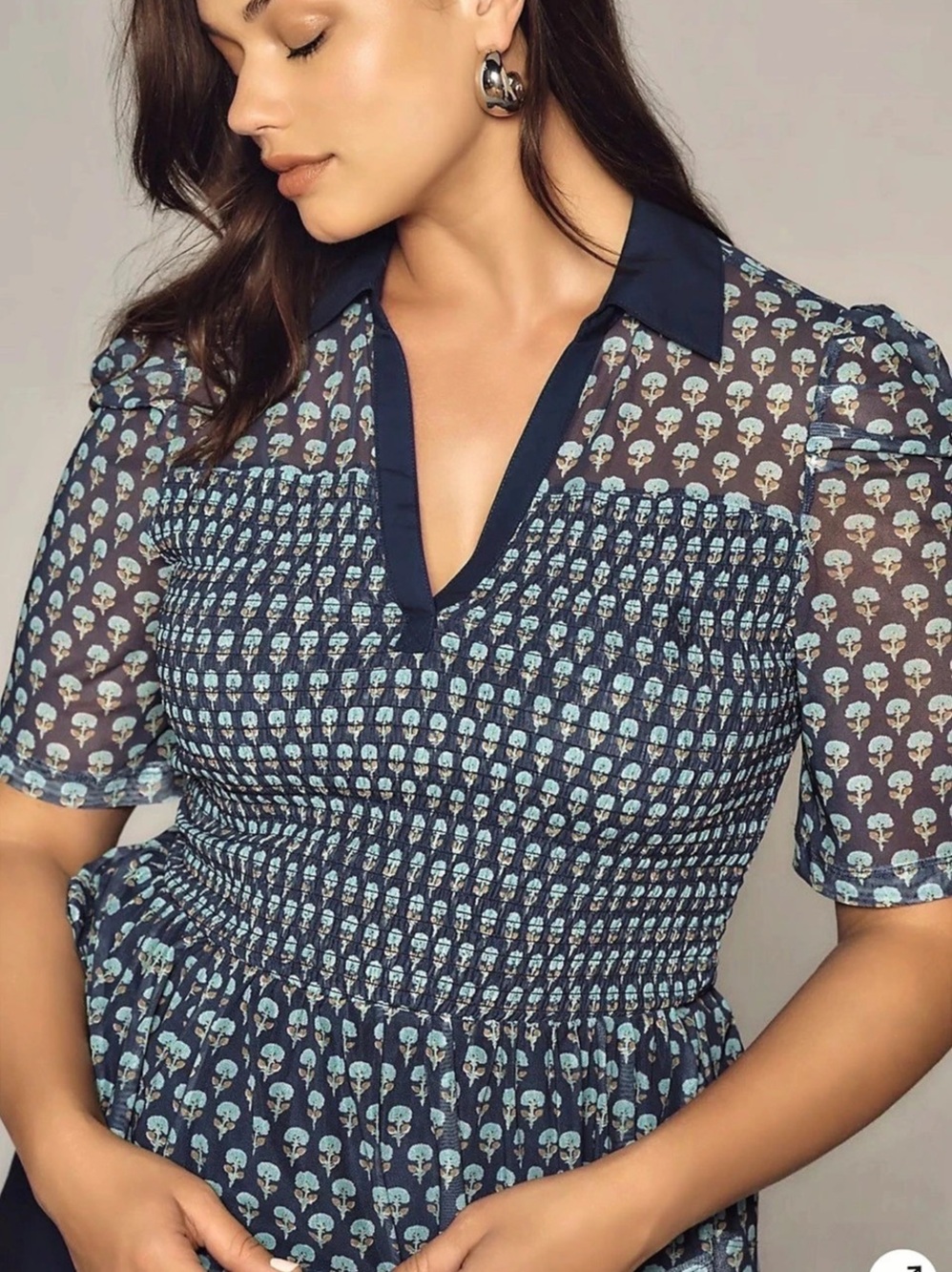 Maeve Short sleeve smocked polo top Blue NWT